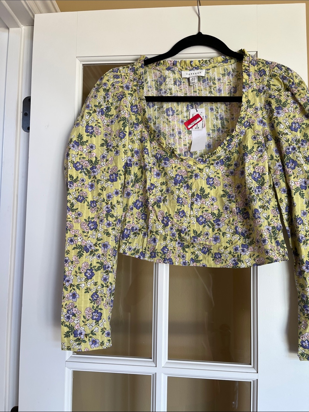 Top Shop, Yellow Floral Puff-Sleeve Crop Top